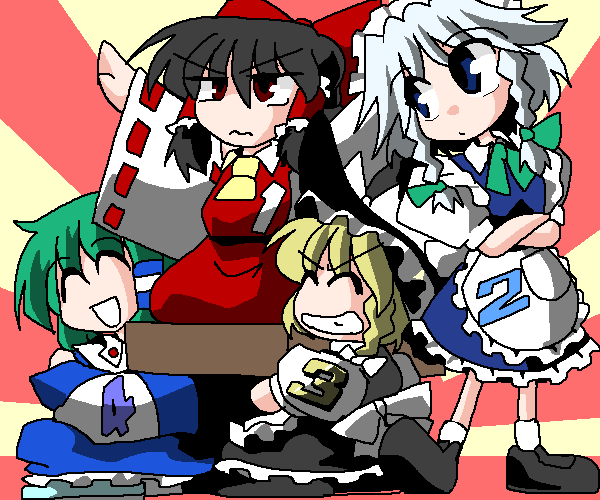 hakurei reimu, kirisame marisa, izayoi sakuya, and kochiya sanae (touhou) drawn by kieyza