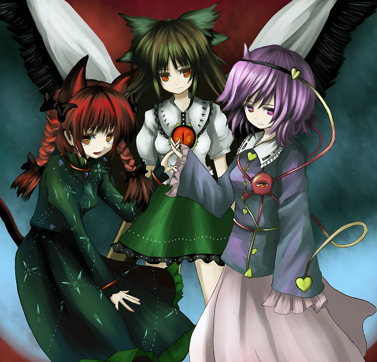 komeiji satori, kaenbyou rin, and reiuji utsuho (touhou) drawn by wasabi_karasi