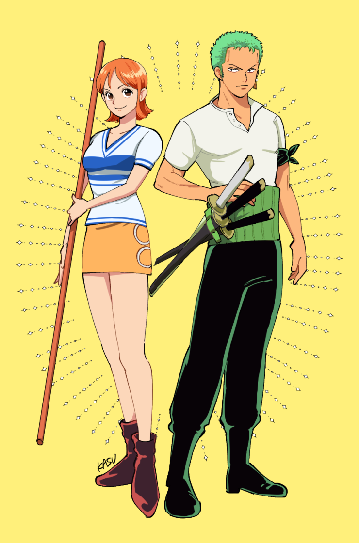 nami and roronoa zoro (one piece) drawn by kasuga_akira