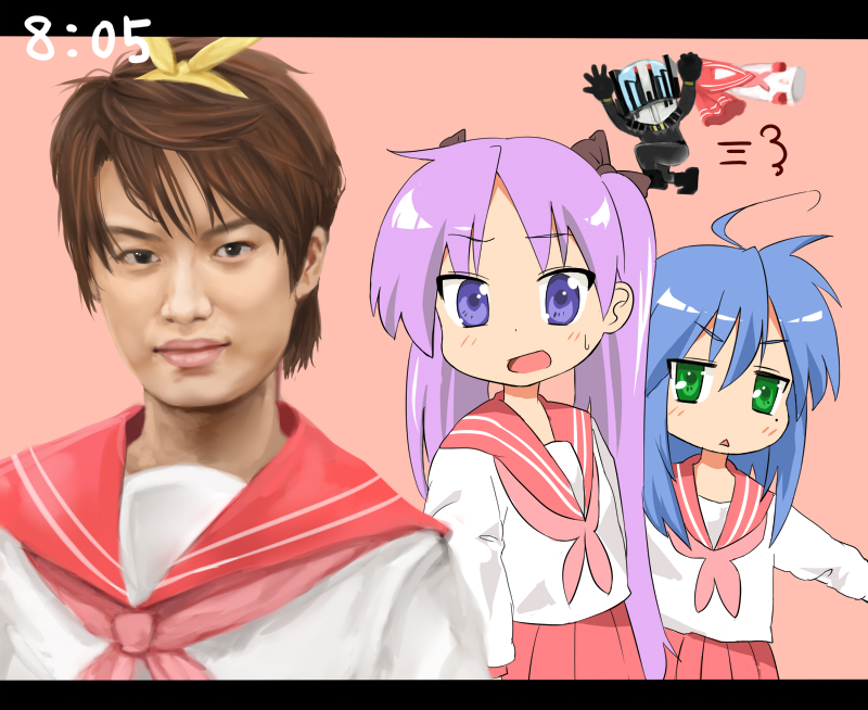 hiiragi kagami, izumi konata, hiiragi tsukasa, kadoya tsukasa, kamen rider diend, and 1 more (lucky star and 2 more) drawn by mamepon