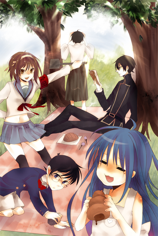 suzumiya haruhi, izumi konata, lelouch vi britannia, edogawa conan, and itoshiki nozomu (suzumiya haruhi no yuuutsu and 4 more) drawn by wavesheep