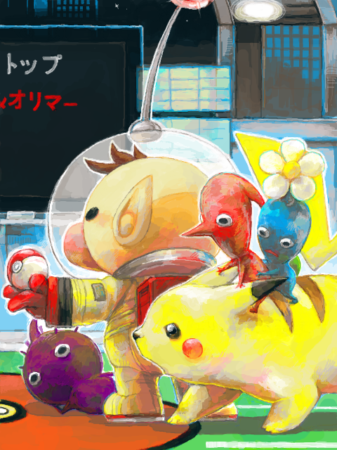 pikachu, red pikmin, olimar, blue pikmin, and purple pikmin (pokemon and 2 more) drawn by lv.7