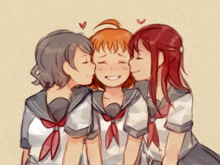 watanabe you, sakurauchi riko, and takami chika (love live! and 1 more) drawn by idk-kun