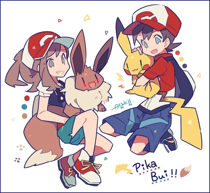pikachu, eevee, elaine, and chase (pokemon and 1 more) drawn by auko