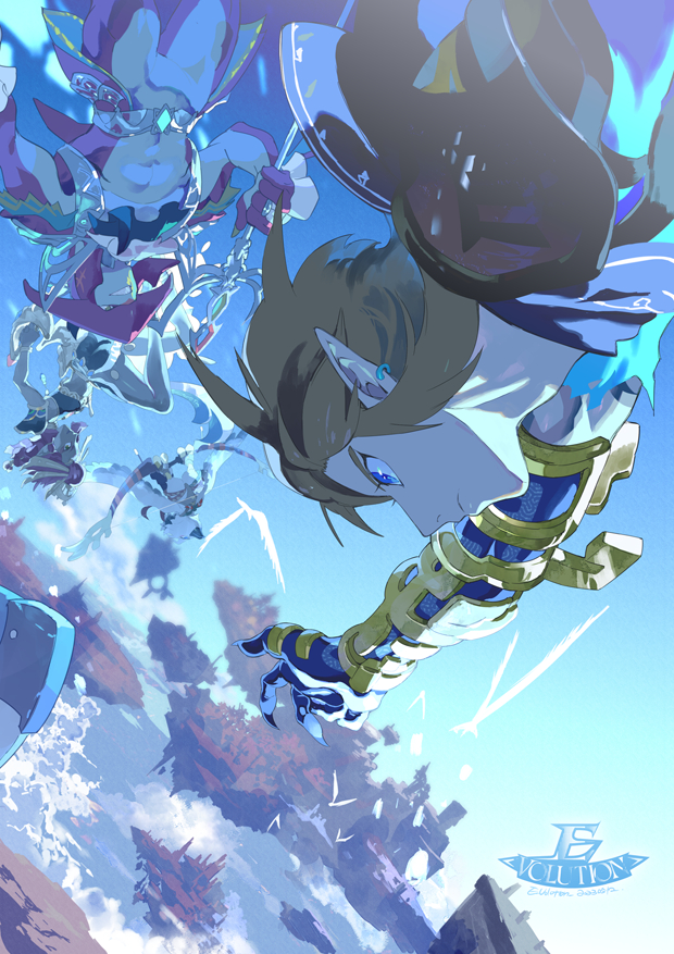 link, sidon, riju, and tulin (the legend of zelda and 1 more) drawn by e_volution