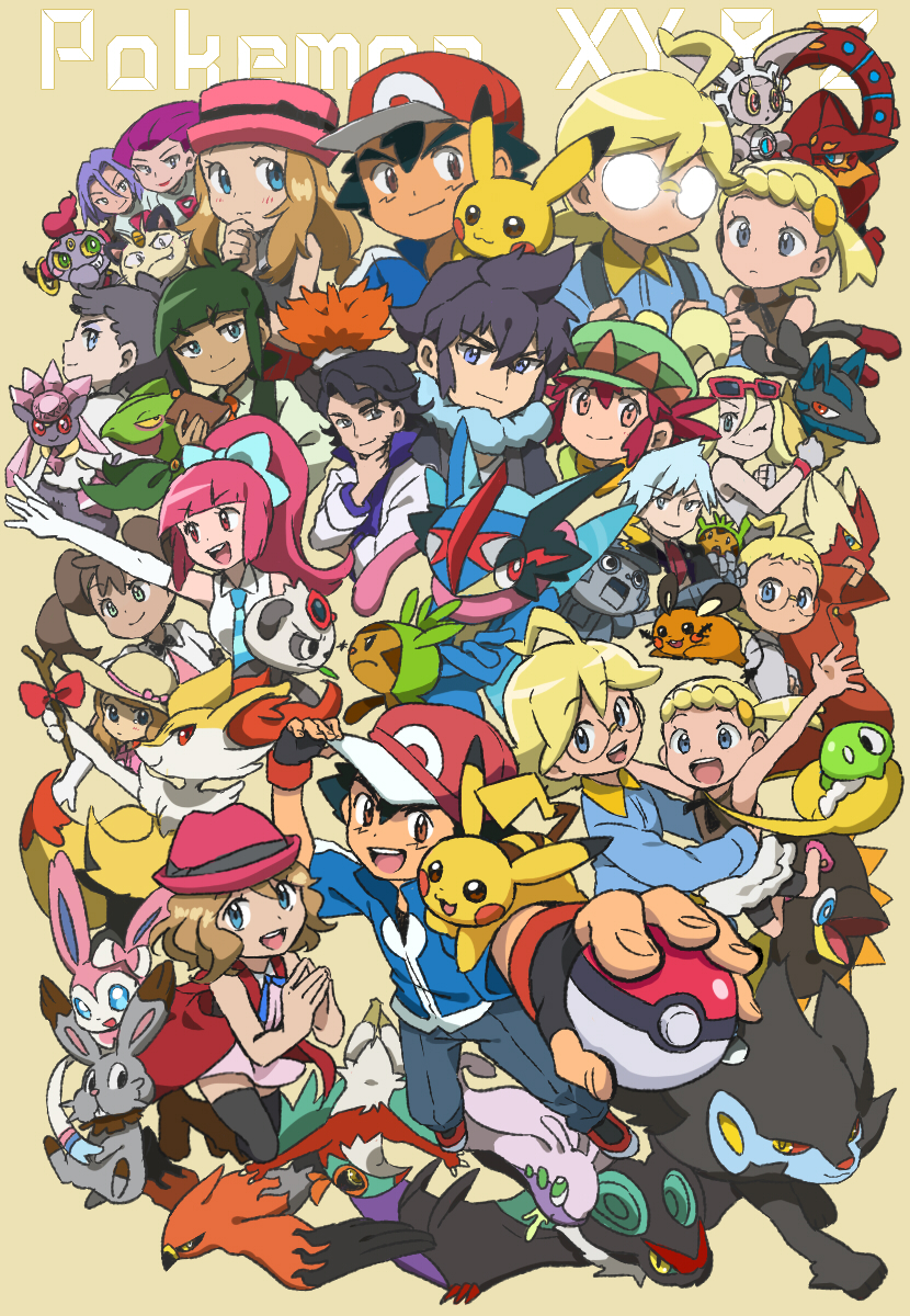 pikachu, ash ketchum, serena, lucario, sylveon, and 38 more (pokemon and 1 more) drawn by ukata