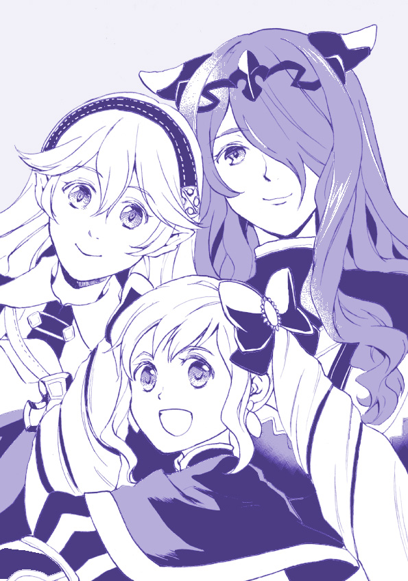 female corrin, camilla, and elise (fire emblem and 1 more) drawn by wischocco
