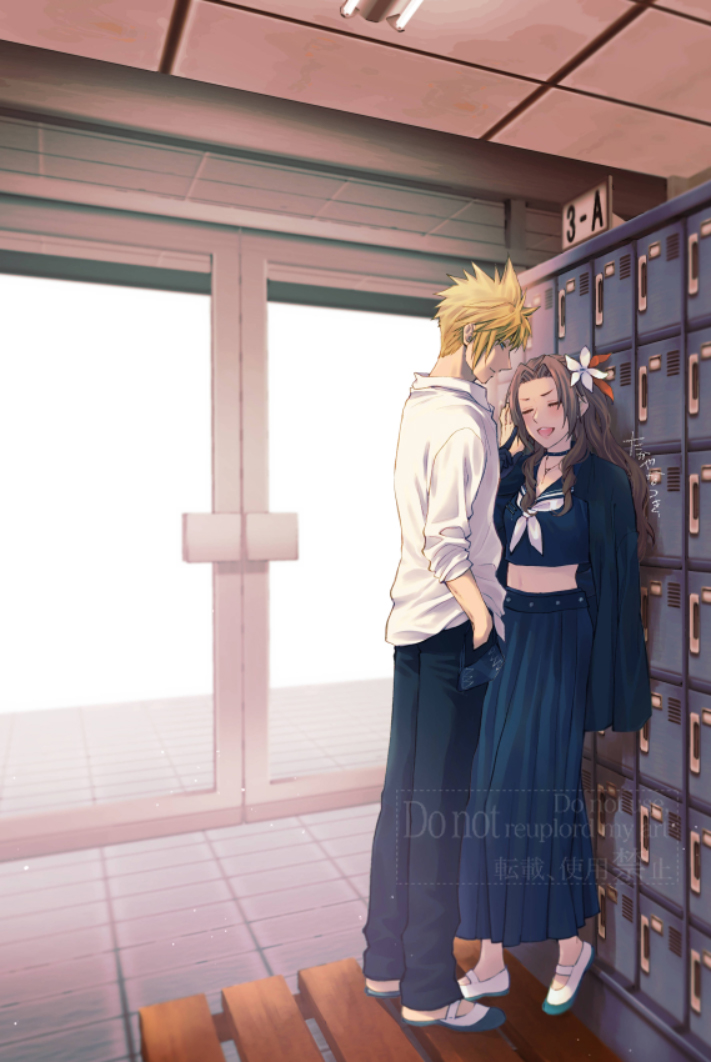 cloud strife and aerith gainsborough (final fantasy and 2 more) drawn by takaya_natsuki