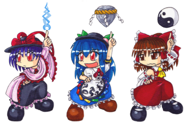 hakurei reimu, hinanawi tenshi, and nagae iku (touhou and 1 more) drawn by mail_(mail_gell)