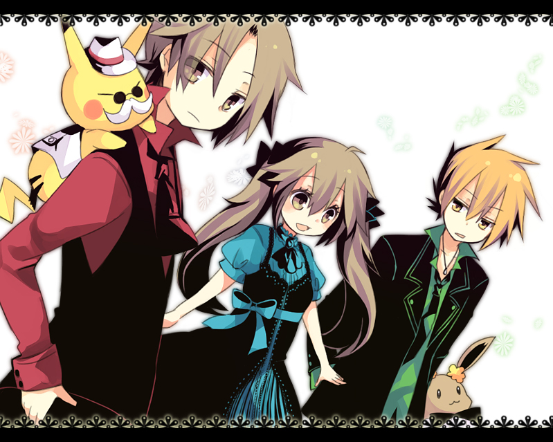 pikachu, red, eevee, blue oak, leaf, and 1 more (pokemon and 1 more) drawn by aruya_(flosrota)