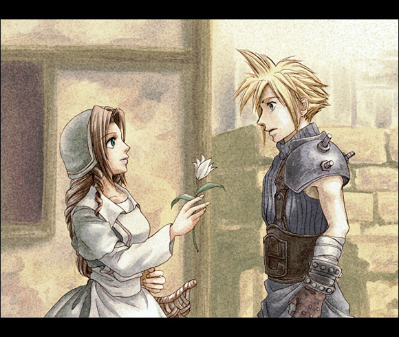 cloud strife and aerith gainsborough (final fantasy and 2 more) drawn by kihara_yuuki