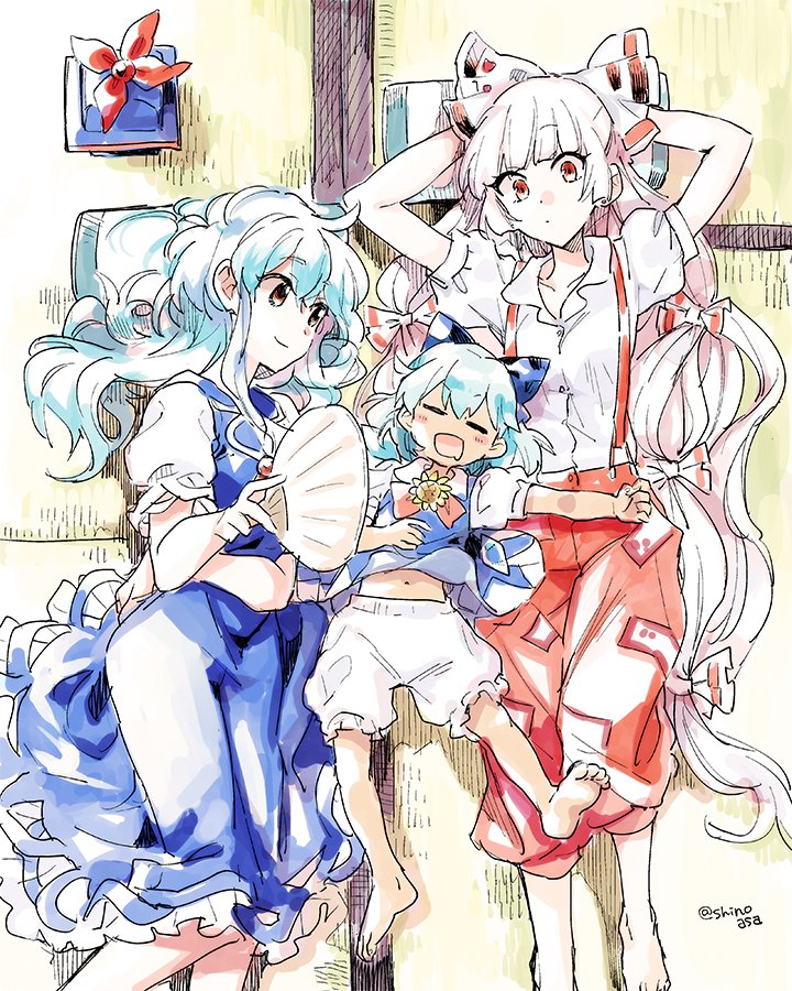 cirno, fujiwara no mokou, kamishirasawa keine, and tanned cirno (touhou) drawn by shinoasa