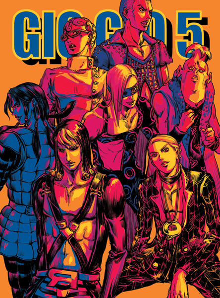 prosciutto, risotto nero, melone, ghiaccio, illuso, and 2 more (jojo no kimyou na bouken and 1 more) drawn by reine_(artist)