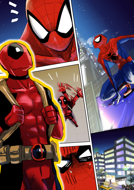 deadpool and spider-man (marvel and 1 more) drawn by kankitsurui_(bigarade_moon)