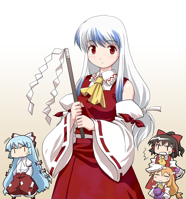 hakurei reimu, fujiwara no mokou, kamishirasawa keine, and ibuki suika (touhou) drawn by haniwa_(leaf_garden)