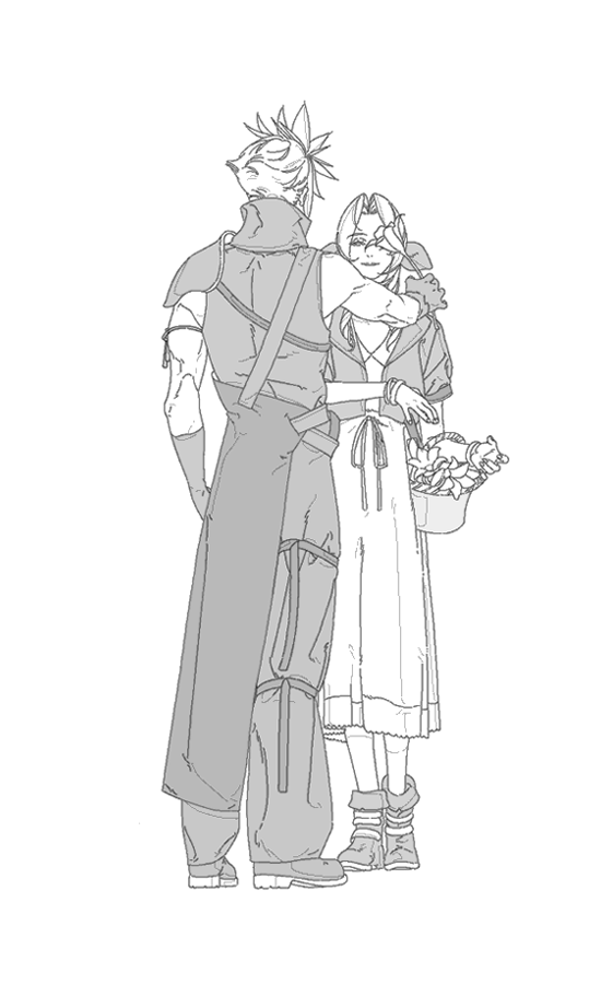 cloud strife and aerith gainsborough (final fantasy and 2 more) drawn by dimo