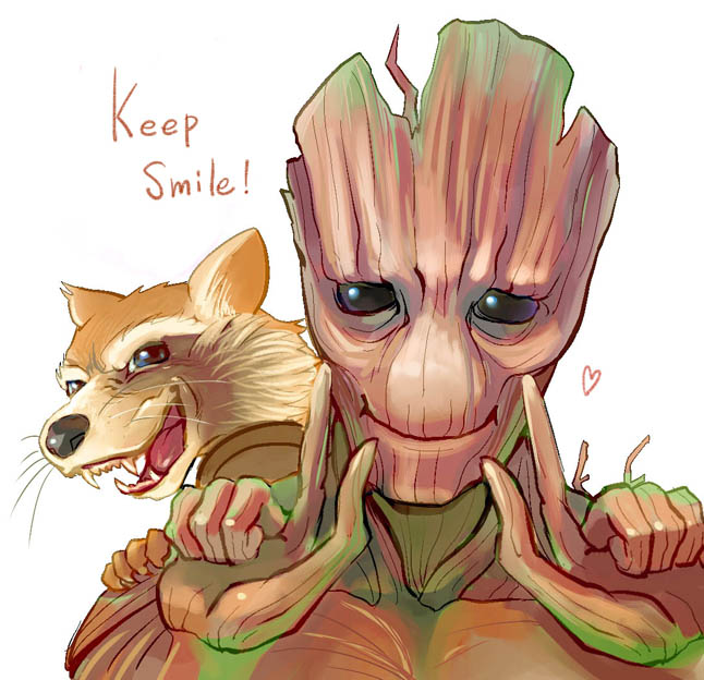 rocket raccoon and groot (marvel and 3 more) drawn by kandagawa_gufu