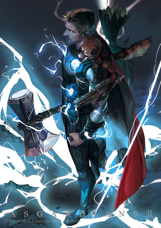 thor, rocket raccoon, and groot (marvel and 4 more) drawn by flametajadoru