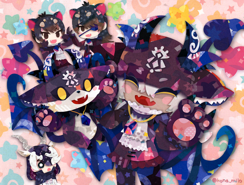 debidebi debiru, australian devil, tasmanian devil, blackbuck, and debiru-sama (nijisanji and 2 more) drawn by kikuchi_milo