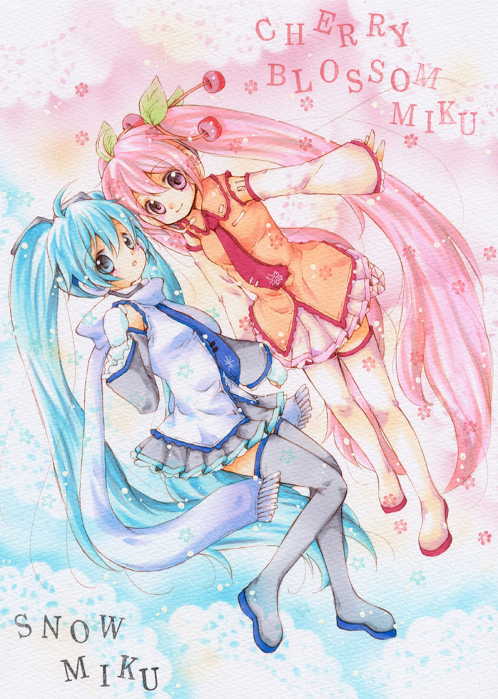 hatsune miku, yuki miku, and sakura miku (vocaloid) drawn by ousemei