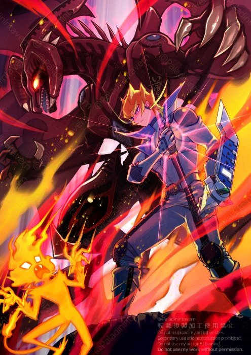 jack atlas and red dragon archfiend (yu-gi-oh! and 1 more) drawn by izapara