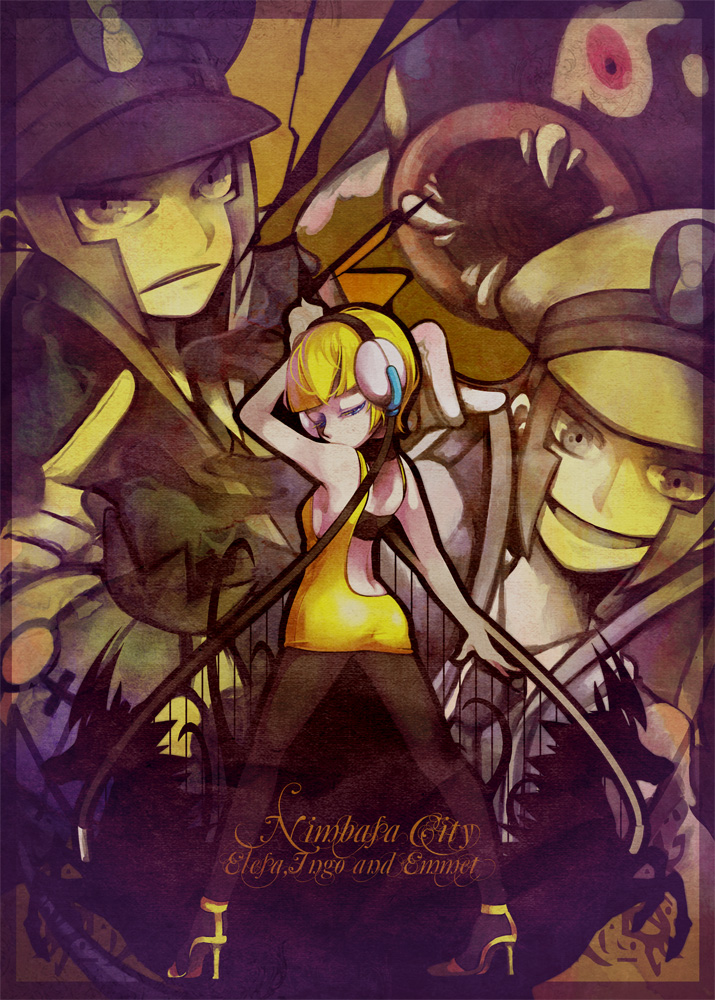 elesa, ingo, chandelure, emmet, zebstrika, and 1 more (pokemon and 1 more) drawn by cambo_copoca