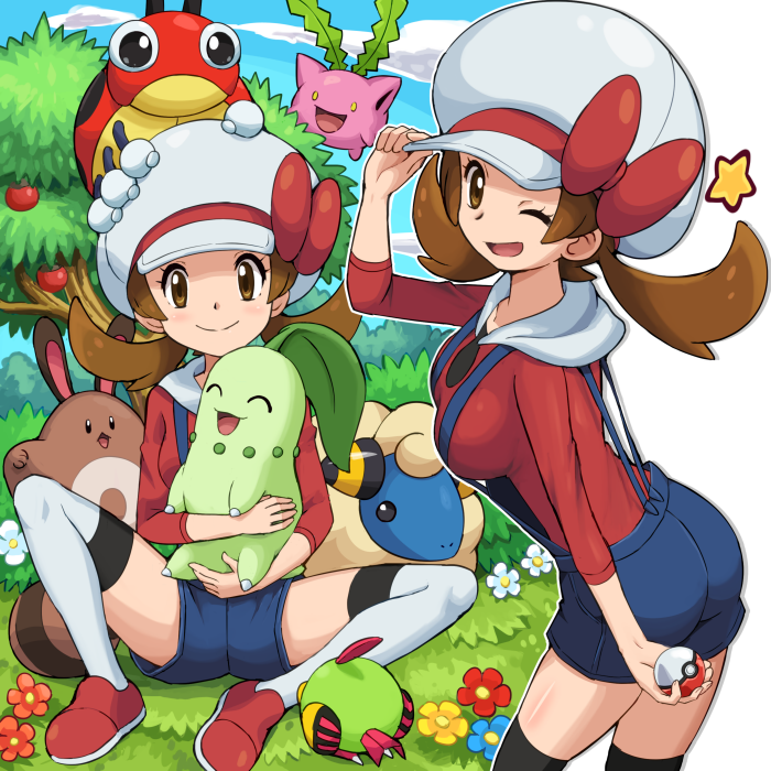 lyra, chikorita, hoppip, sentret, mareep, and 2 more (pokemon and 1 more) drawn by pokemoa