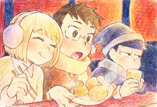 matsuno ichimatsu, glasses boy, and short-haired girl (osomatsu and 1 more) drawn by keroko_(frolicfrogs)