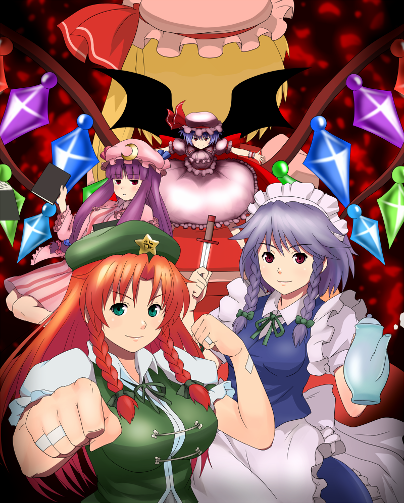 remilia scarlet, flandre scarlet, izayoi sakuya, patchouli knowledge, and hong meiling (touhou) drawn by namine0079