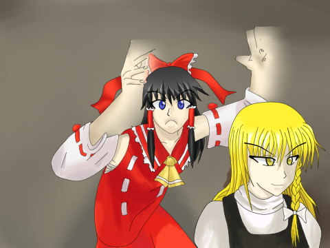 hakurei reimu, kirisame marisa, and crazy frog brothers (touhou) drawn by loire