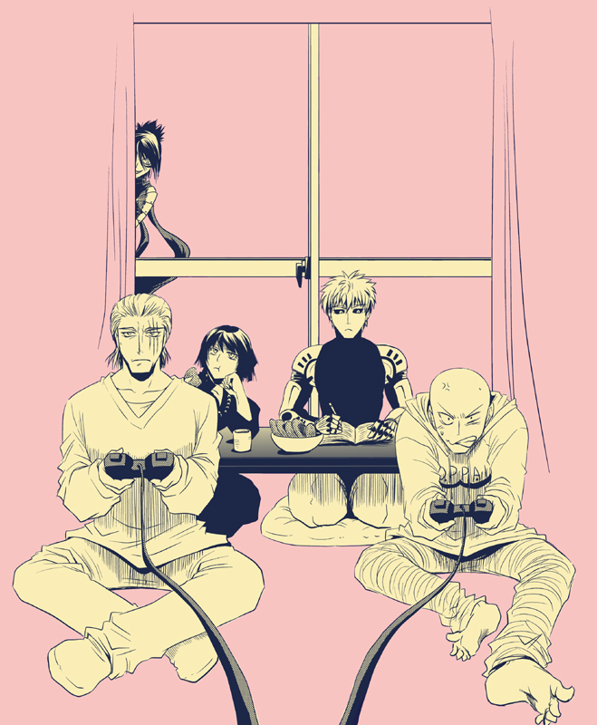 fubuki, saitama, genos, onsoku no sonic, and king (one-punch man) drawn by mochibuns