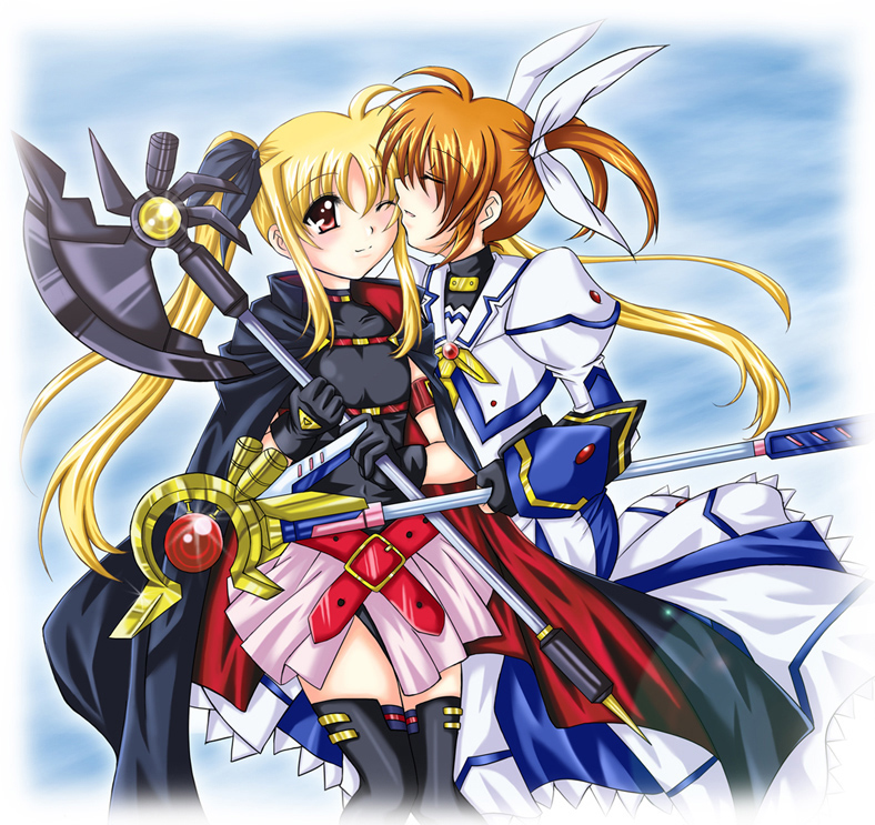 fate testarossa, takamachi nanoha, raising heart, and bardiche (lyrical nanoha and 2 more) drawn by misuzu_(iridescence)