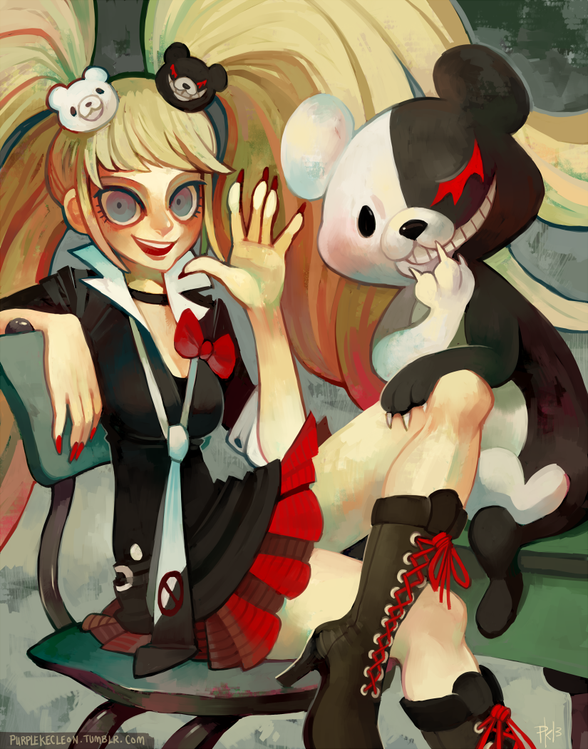 enoshima junko and monokuma (danganronpa and 1 more) drawn by glitchedpuppet