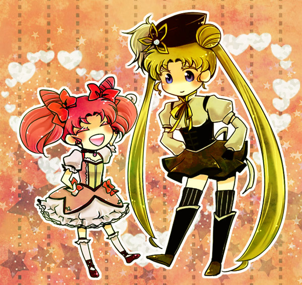 kaname madoka, tomoe mami, tsukino usagi, and chibi usa (mahou shoujo madoka magica and 1 more) drawn by aguri_(cherryberry)