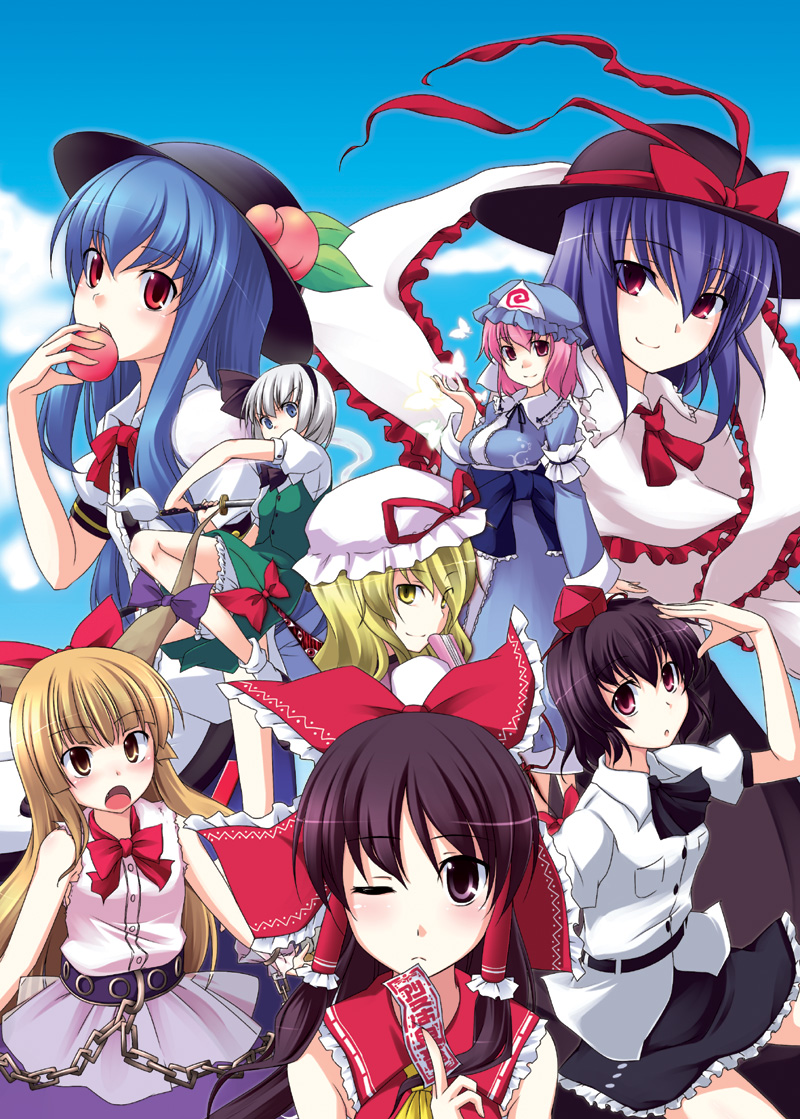hakurei reimu, konpaku youmu, yakumo yukari, shameimaru aya, saigyouji yuyuko, and 3 more (touhou) drawn by nagami_yuu