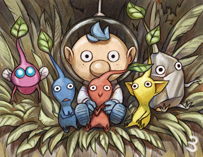 red pikmin, yellow pikmin, blue pikmin, winged pikmin, rock pikmin, and 1 more (pikmin and 1 more) drawn by naru_(wish_field)