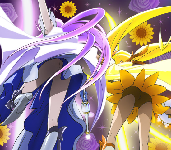 tsukikage yuri, myoudouin itsuki, cure sunshine, and cure moonlight (precure and 1 more) drawn by haruyama_kazunori