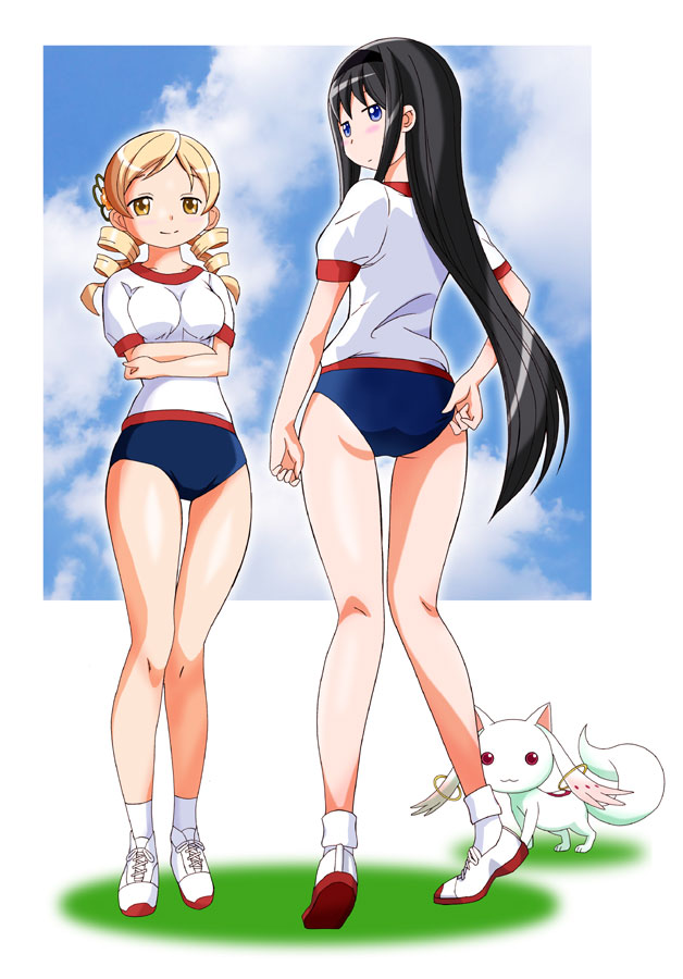 akemi homura, tomoe mami, and kyubey (mahou shoujo madoka magica) drawn by tenshinrou_ryouichi