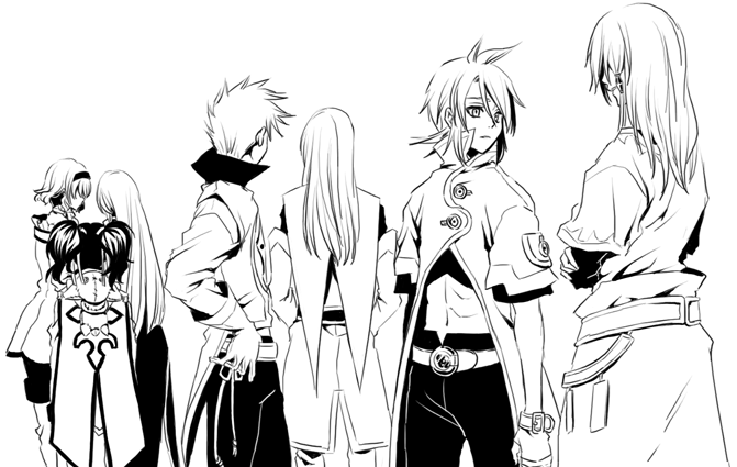 tear grants, luke fon fabre, anise tatlin, natalia luzu kimlasca lanvaldear, jade curtiss, and 3 more (tales of and 1 more) drawn by miho_(mi)