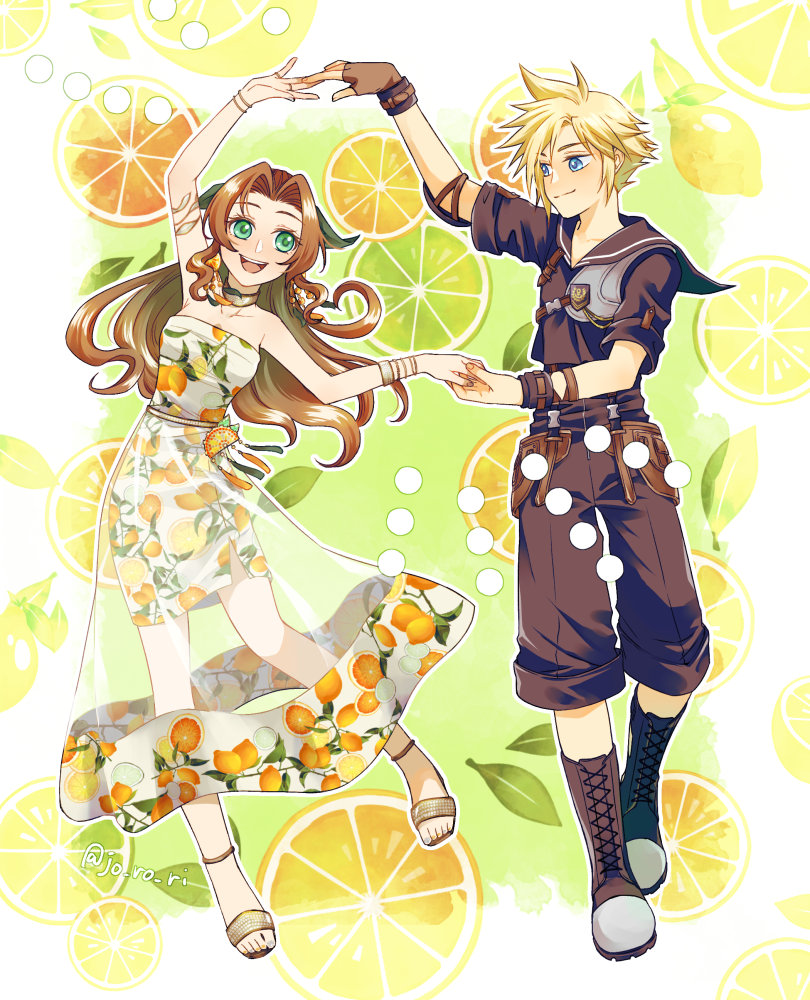 cloud strife and aerith gainsborough (final fantasy and 2 more) drawn by jo_ro_ri