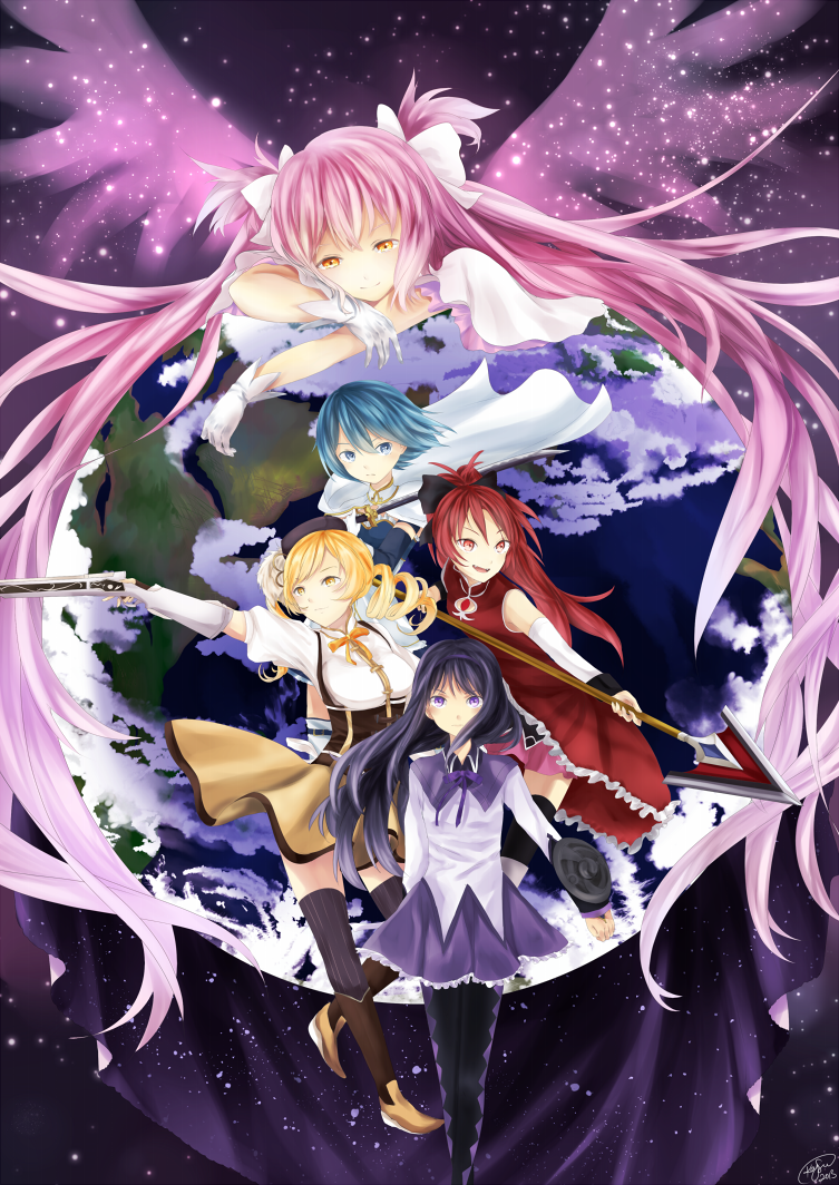akemi homura, kaname madoka, miki sayaka, sakura kyoko, tomoe mami, and 1 more (mahou shoujo madoka magica) drawn by kyacchi