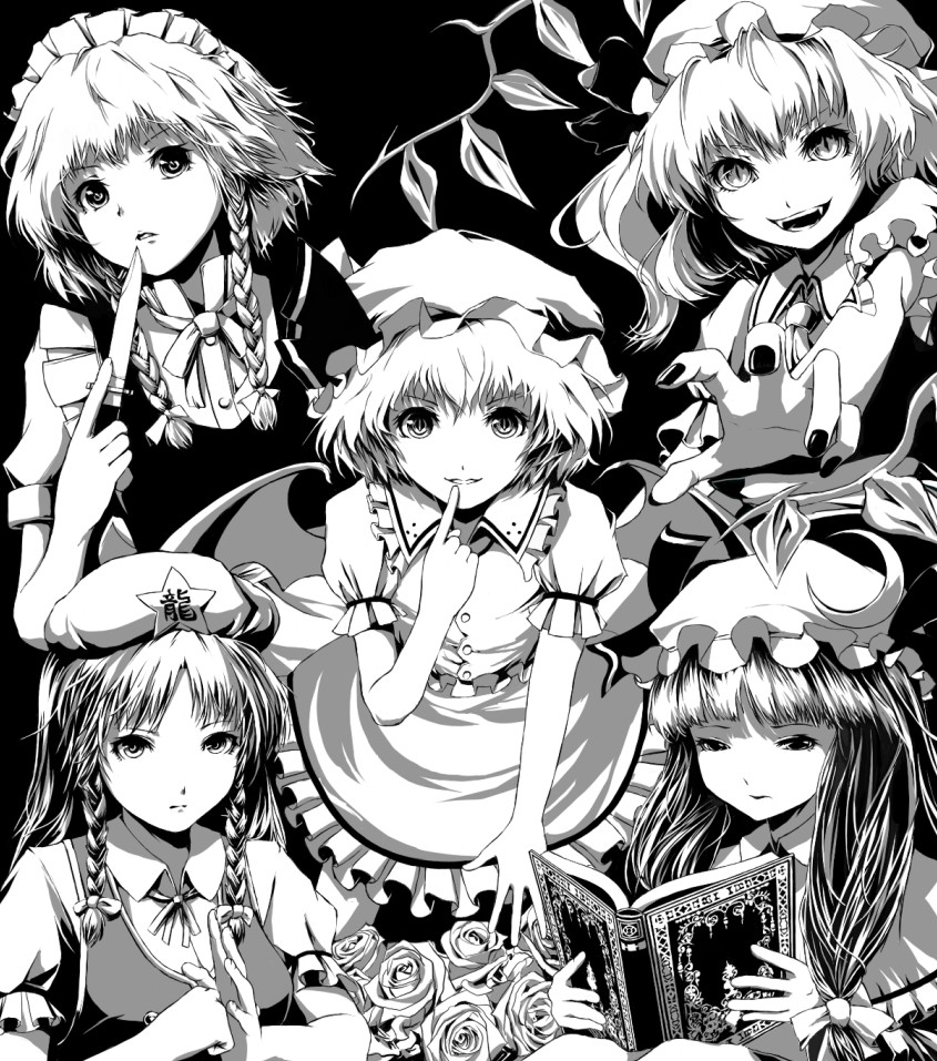 remilia scarlet, flandre scarlet, izayoi sakuya, patchouli knowledge, and hong meiling (touhou) drawn by fuji_hyorone