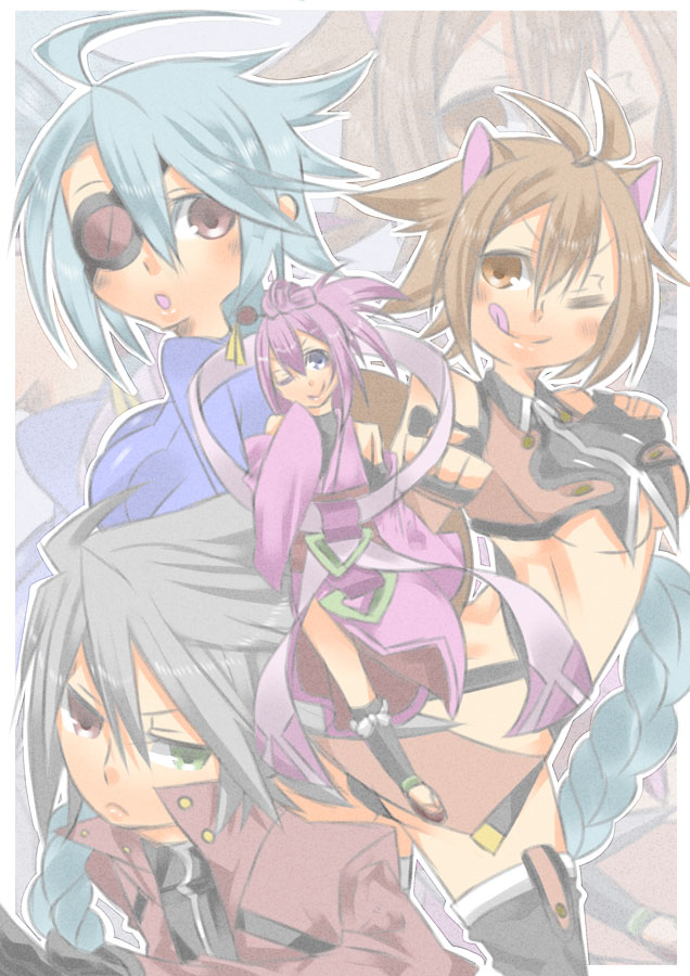 makoto nanaya, ragna the bloodedge, nu-13, and amane nishiki (blazblue) drawn by kazukimaru