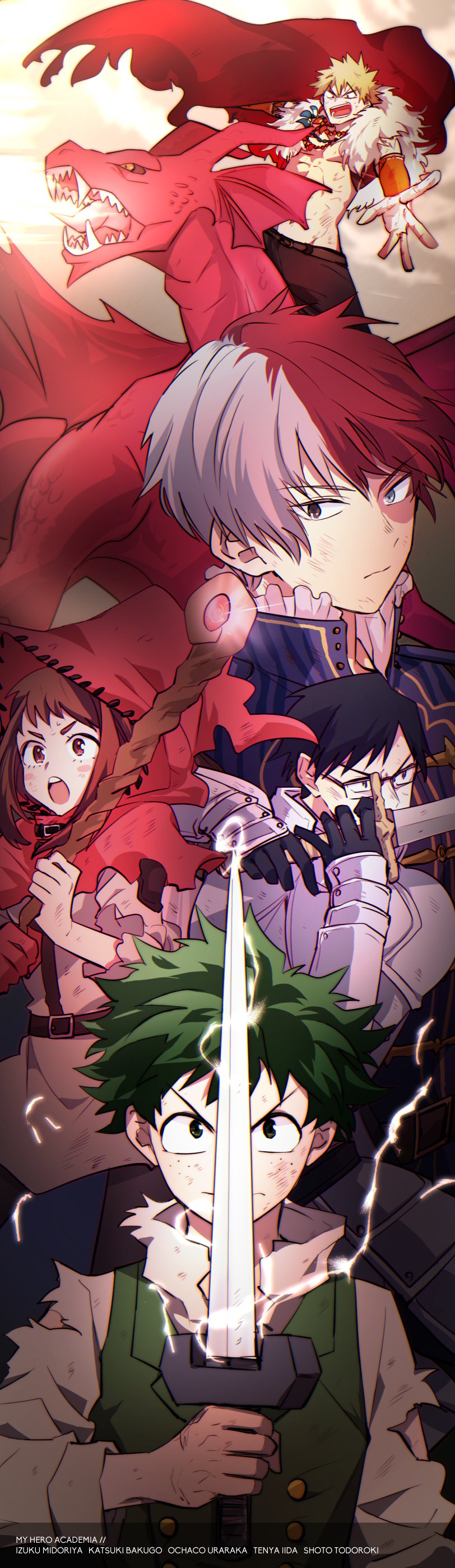 midoriya izuku, bakugou katsuki, uraraka ochaco, todoroki shoto, and iida tenya (boku no hero academia) drawn by miyachi_(yayun)
