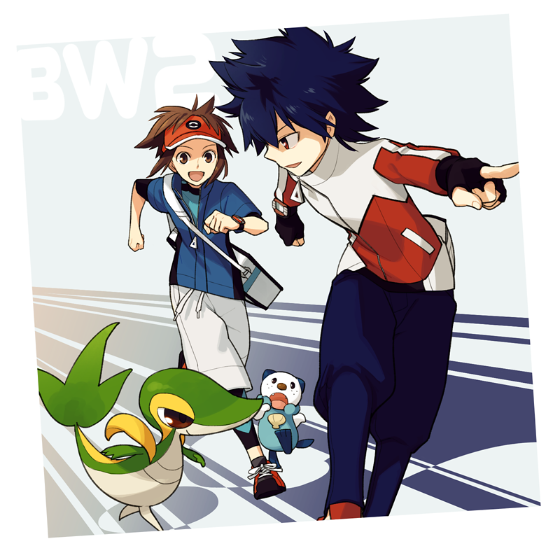 oshawott, snivy, nate, and hugh (pokemon and 1 more) drawn by nakatani_nio