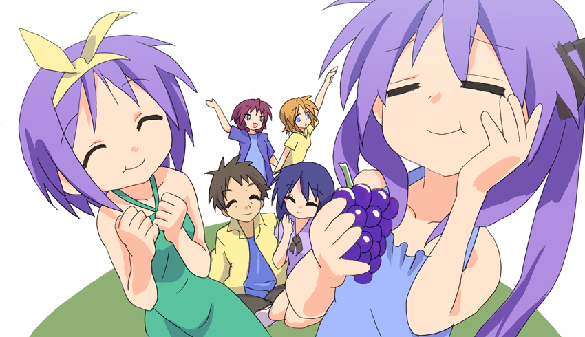 hiiragi kagami, hiiragi tsukasa, hiiragi miki, hiiragi matsuri, hiiragi inori, and 1 more (lucky star) drawn by sora_to_umi
