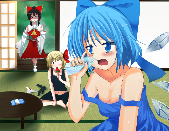 hakurei reimu, cirno, and rumia (touhou) drawn by yabu_q