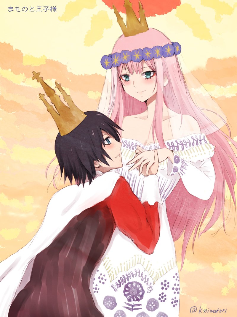zero two and hiro (darling in the franxx) drawn by niwatori_kokezou