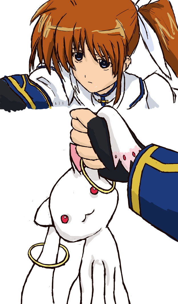 kyubey and takamachi nanoha (mahou shoujo madoka magica and 2 more) drawn by kakuzatou_(49838)