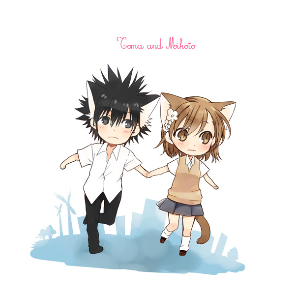 misaka mikoto and kamijou touma (toaru majutsu no index and 1 more) drawn by manji_(nanakirio)